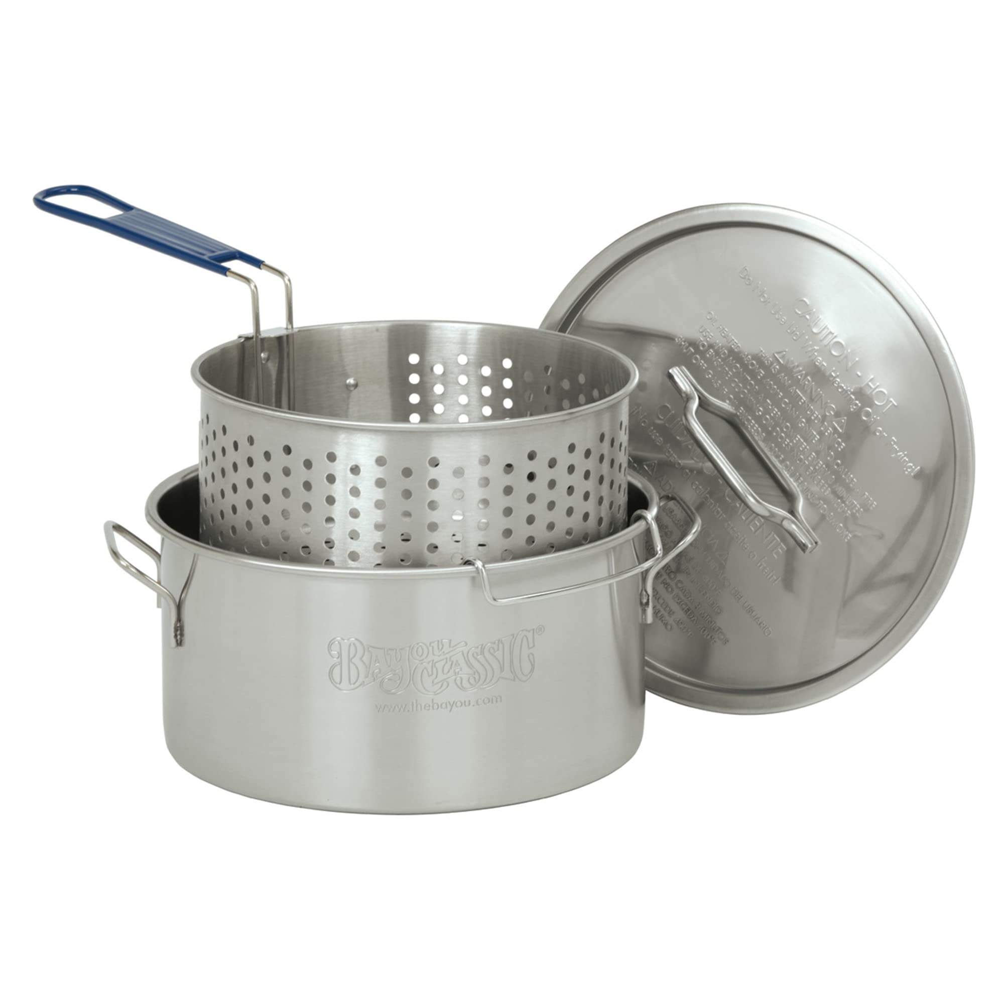 Bayou Classic 14-qt Stainless Fry Pot Features Heavy Welded Handle Stainless Lid and Stainless Perforated Basket w/ Cool Touch Handle Perfect For Frying Fish Shrimp or Hushpuppies