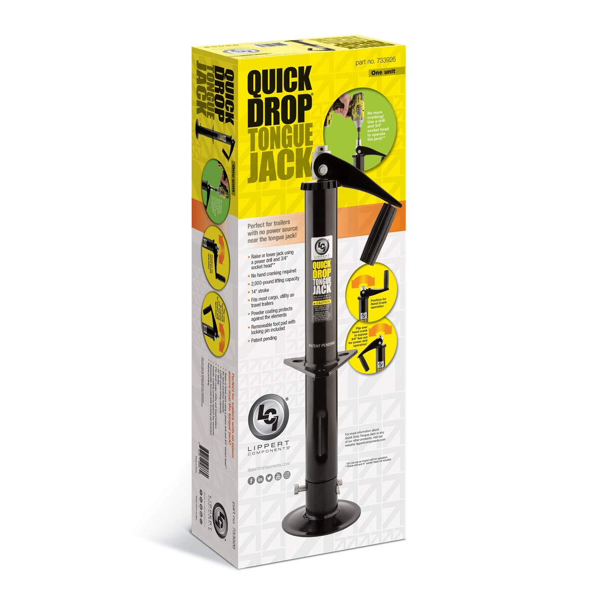 Lippert Quick Drop Tongue Jack for 5th Wheel RVs, A-Frame Travel, Cargo, and Utility Trailers, Black