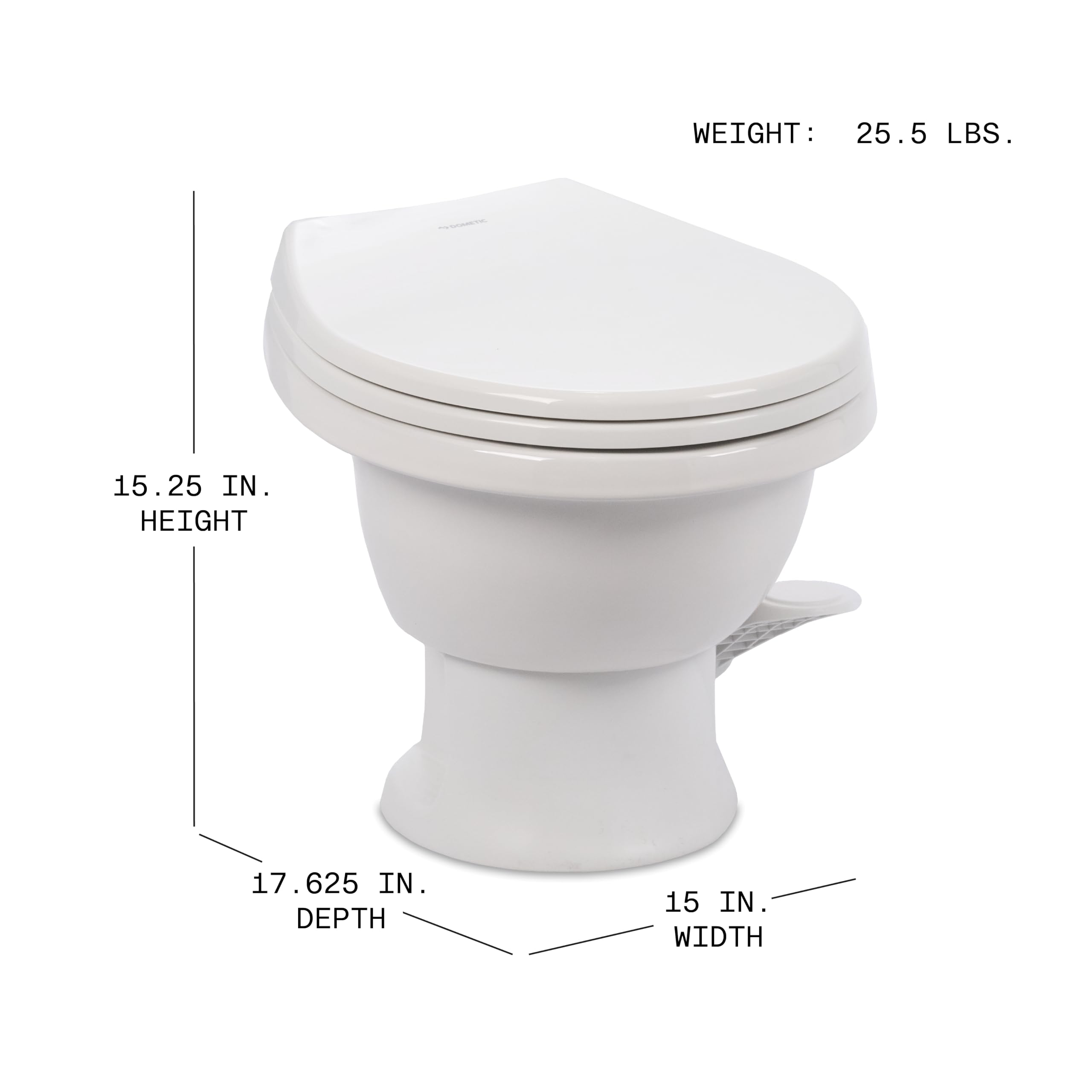 Dometic Model 411 RV Toilet Complete – Round Porcelain Bowl, Universal Fit & 2-Bolt Mount, Low-Profile 13–5/8" Seat Height, Gravity Flush Toilet with Soft-Close Seat, White (9610008263)