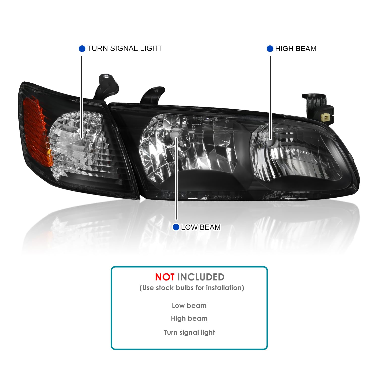 Black Headlights + Corner Lights SPEC-D TUNING Compatible with 2000-2001 Toyota Camry L+R Pair Head Light Lamp Assembly