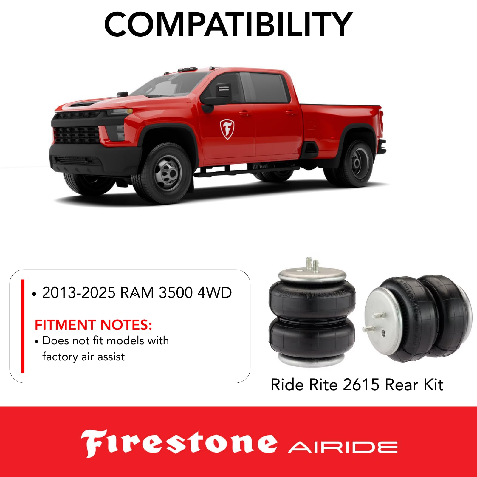 Firestone 2615 Airide Rear Springs Kit fits 2013-2025 Ram 3500 4WD | 5-100 PSI | Load Capacity of 5,000 Pounds | No Drill Installation | Absorbs Road Vibration | Reduces Tire Wear