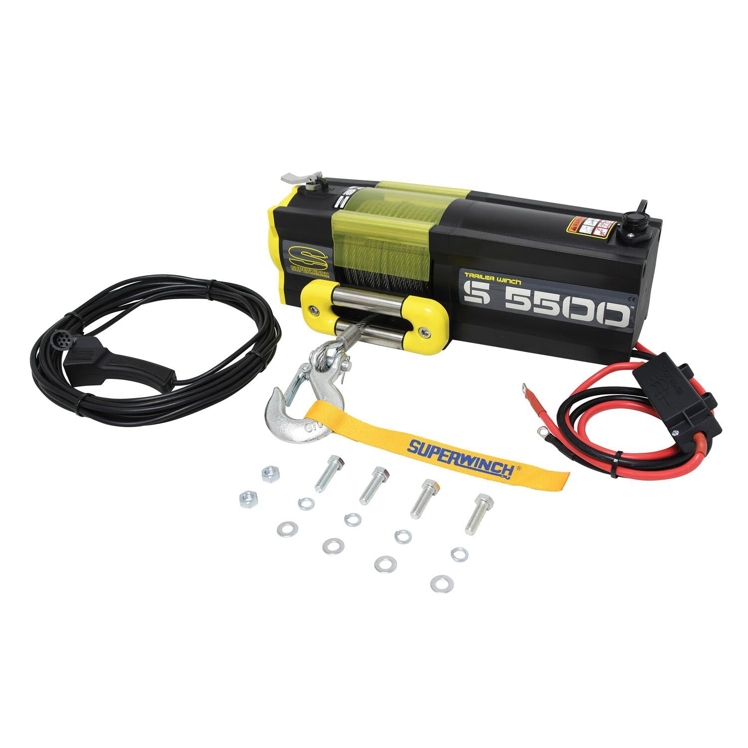 S5500 Superwinch 1455200 Trailer Winch 5500lb(2495kg) Single Line Pull with Roller Fairlead 9/32" x 60' Steel Rope 30.5ft Corded Handheld Remote