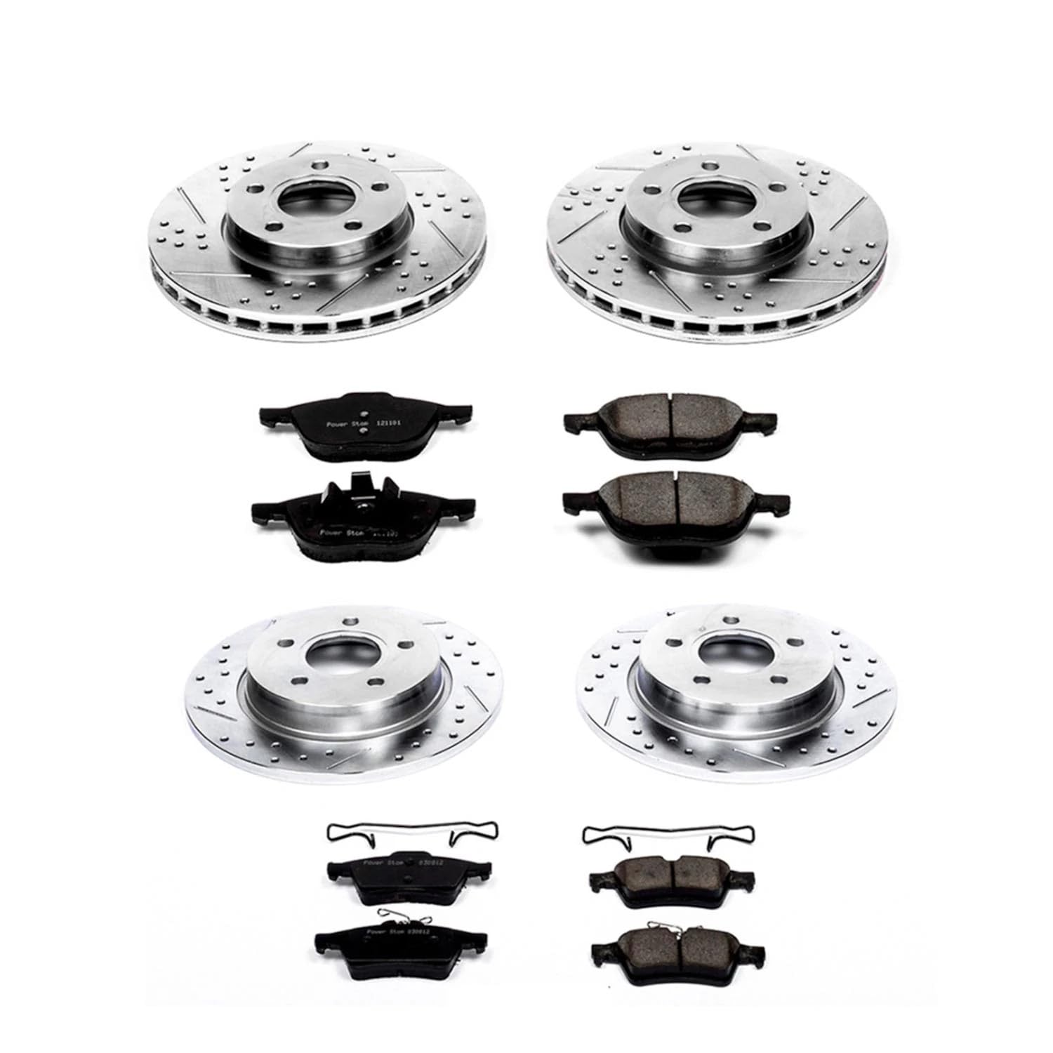 Power Stop K5977 Z23 Carbon Fiber Brake Pads Front and Rear with Drilled and Slotted Brake Rotors Brake Kit For 2012 Ford Focus | 2013 2014 2015 2016 2017 2018 Ford Focus SE, SEL, EV, Titanium