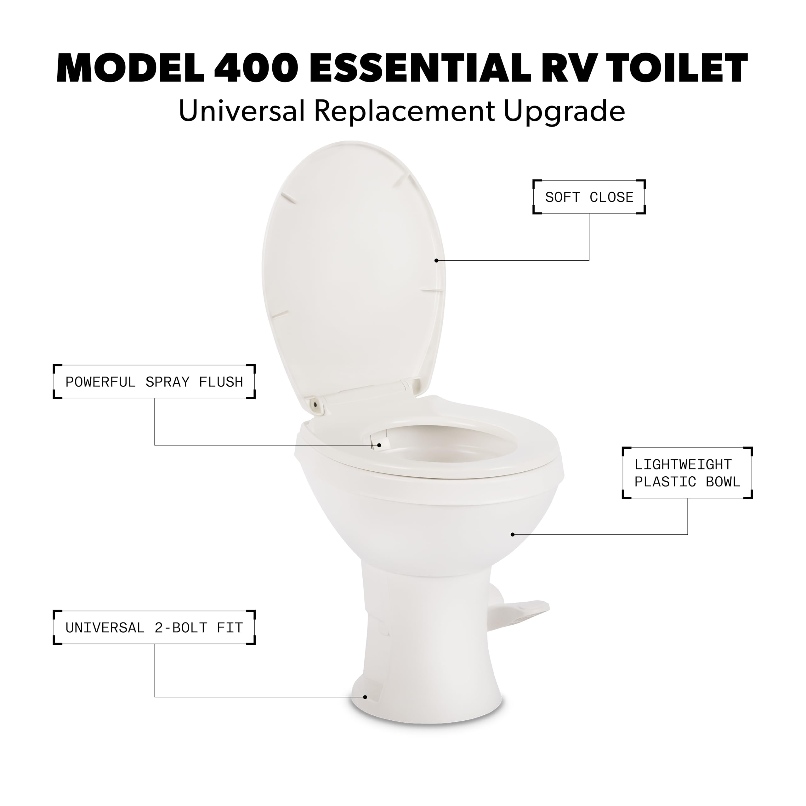 Dometic 400 Model Essential RV Toilet – Round Lightweight Plastic Bowl, Universal Fit & 2-Bolt Mount, 18" Chair Height Residential Style, Gravity Flush Toilet with Soft-Close Seat, White (9610008275)