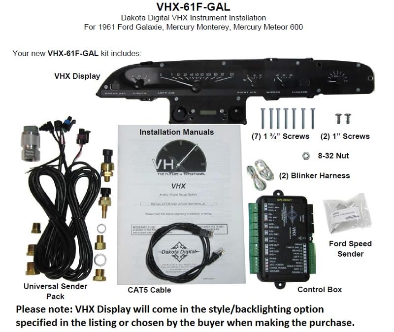 Dakota Digital VHX-61F-GAL-S-R Analog Dash Gauge System with Ford 1961 Galaxie Compatible, Silver Alloy Style, Red Backlighting