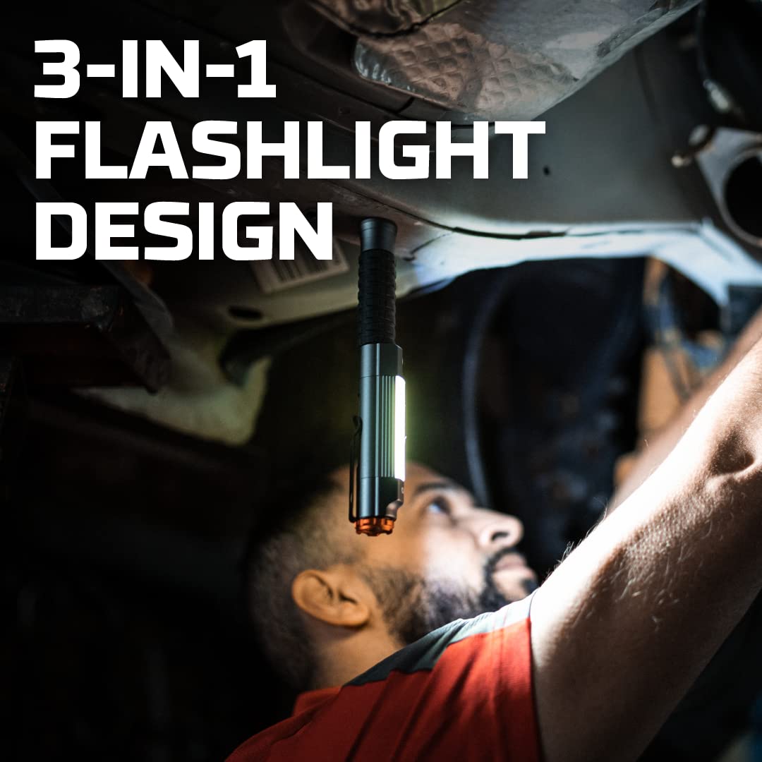 NEBO 3 Big Larry Work Light | Alkaline Batteries Included, 600 Lumens, 7 Light Modes, Magnetic COB Task Lamp & LED Flashlight, Steel Pocket Clip, Hands-Free Use, Water Resistant