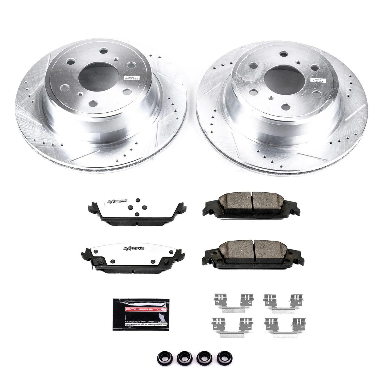 Rear Brake Kit Power Stop For 2015 2016 2017 2018 2019 2020 Cadillac Escalade - Truck & Tow Carbon Fiber Ceramic Brake Pads & Drilled and Slotted Rotors Replacement, K6562-36