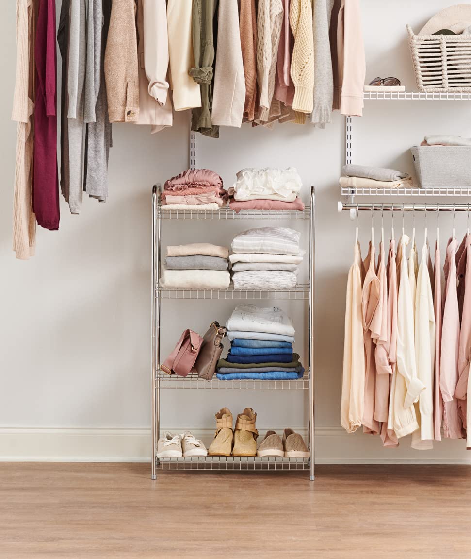 Rubbermaid Heavy Duty 4-Tier Wire Shelf, Satin Nickel, Easy Assemble with Hardware Included, for Food/Laundry/Closet Home Storage Use