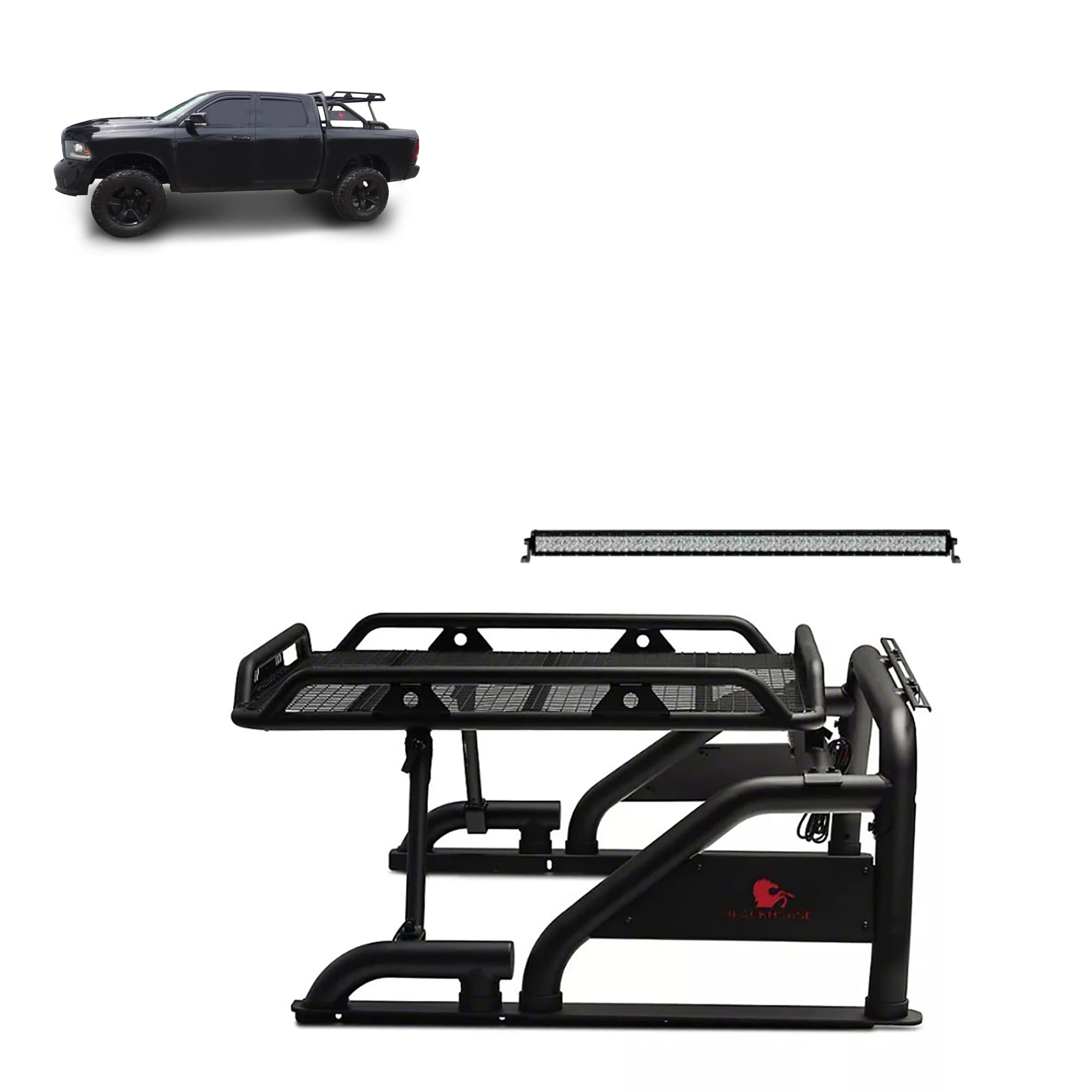 Warrior Black Horse Roll Bar Kit Compatible with 1/2 TON Trucks (GM Silverado 14+/Ford F150 15+/Dodge RAM 15+) with Full Size Cargo Basket(with RED Brake Light)-WRB-001BK-KIT
