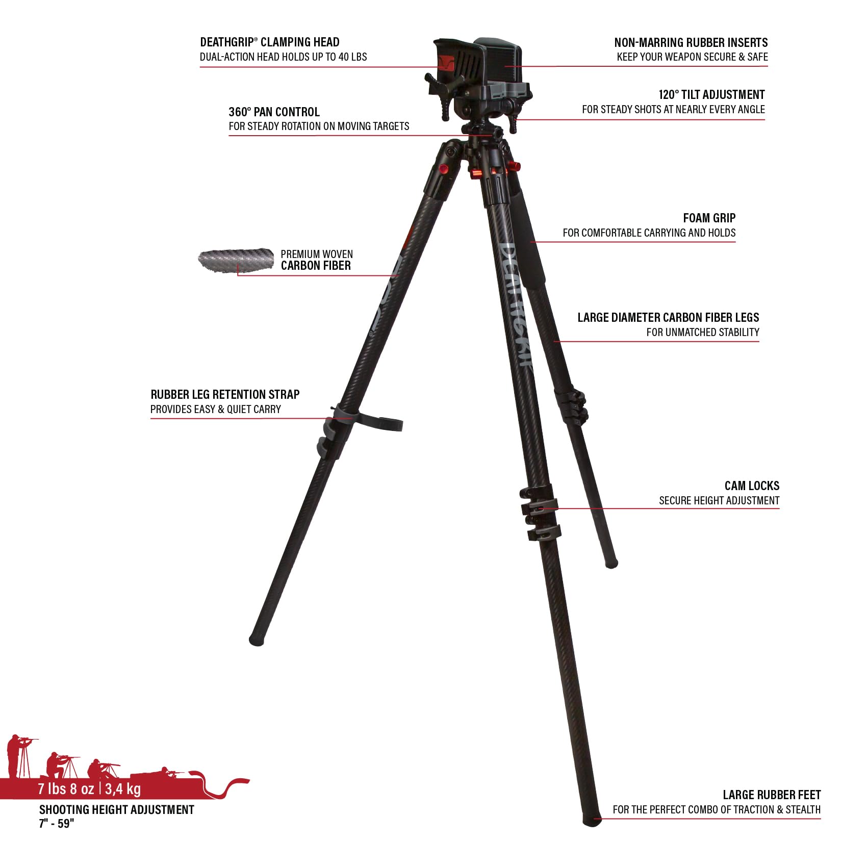 DeathGrip BOG Carbon Fiber Tripod with Durable Frame, Lightweight, Stable Design, Bubble Level, Adjustable Legs, Shooting Rest, and Hands-Free Operation for Hunting, Shooting, and Outdoors