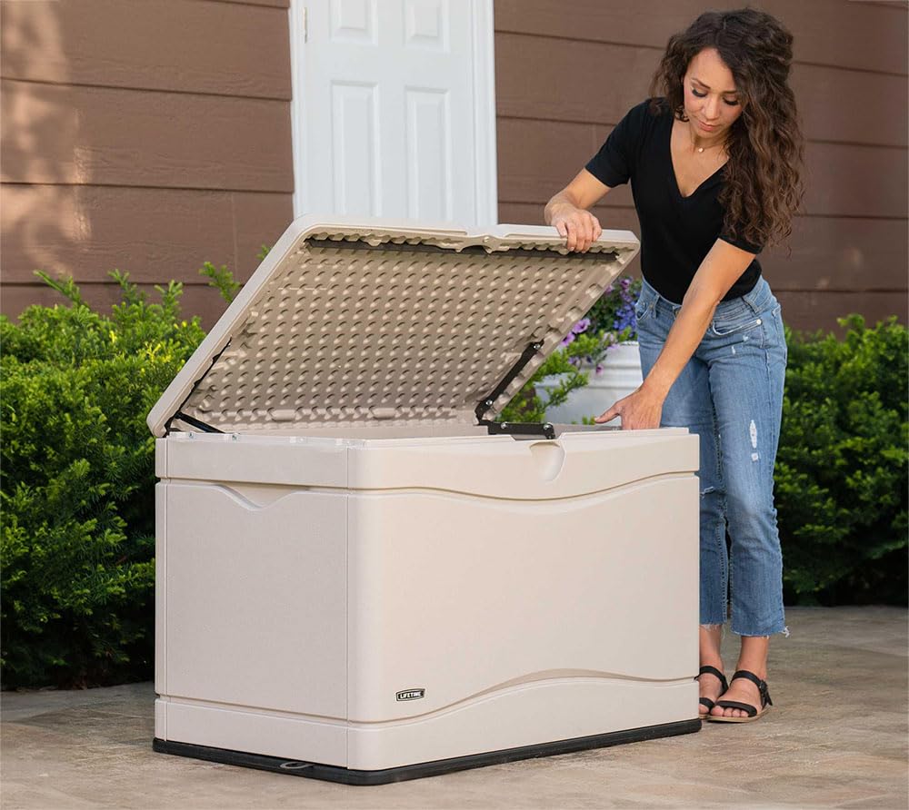 LIFETIME 60059 Desert (Tan) Sides and Lid Black Bottom Outdoor Storage Box-80 Gal, 80 Gallon, Desert Sand