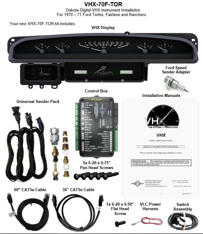 Dakota Digital VHX-70F-TOR-K-B Gauge System Analog Dash Compatible with 1970-71 Ford Torino, Fairlane and Ranchero, Black Alloy Style, Blue Backlighting