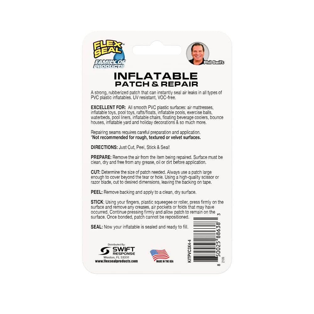 Inflatable Flex Seal Patch & Repair Kit, Use on Air Mattresses, Bounce Houses, Rafts and Floats, Pool Toys and Pools, Smooth PVC Plastic Surfaces - Kit Includes (4) Crystal Clear Patches