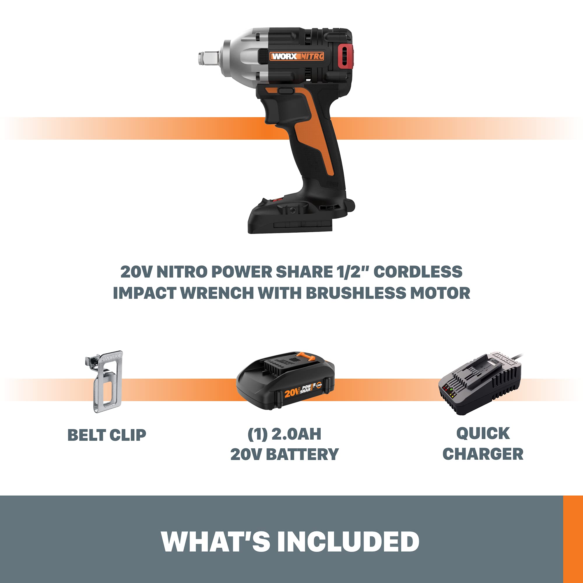 WX272L WORX Nitro 20V Power Share 1/2" Cordless Impact Wrench with Brushless Motor