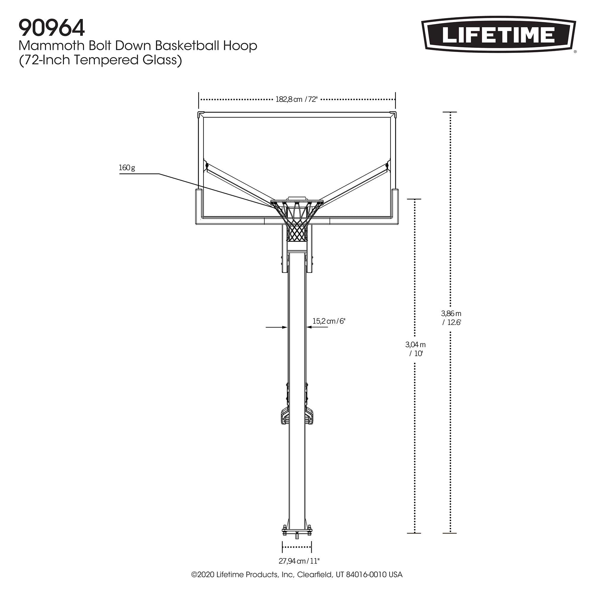 Mammoth 72" Lifetime Deluxe In-Ground Basketball Hoop, Mammoth Lift Adjustable Height, Tempered Glass Backboard Bolt Down System