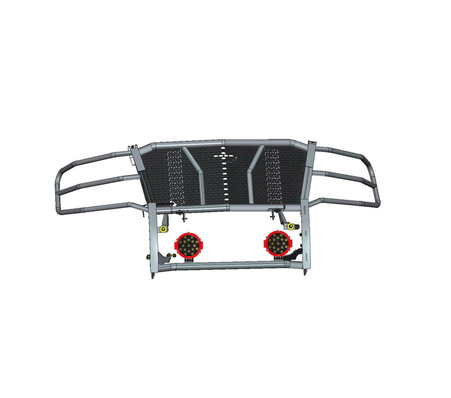 Heavy Duty Black Horse Rugged Grille Brush Bumper Guard Modular Black Come with Pair of 7.0" Dia.LED Lights with Red Trim Rings Compatible with 2015-2023 Tahoe|2015-2020 Suburban-RU-CHTA15-B-PLR