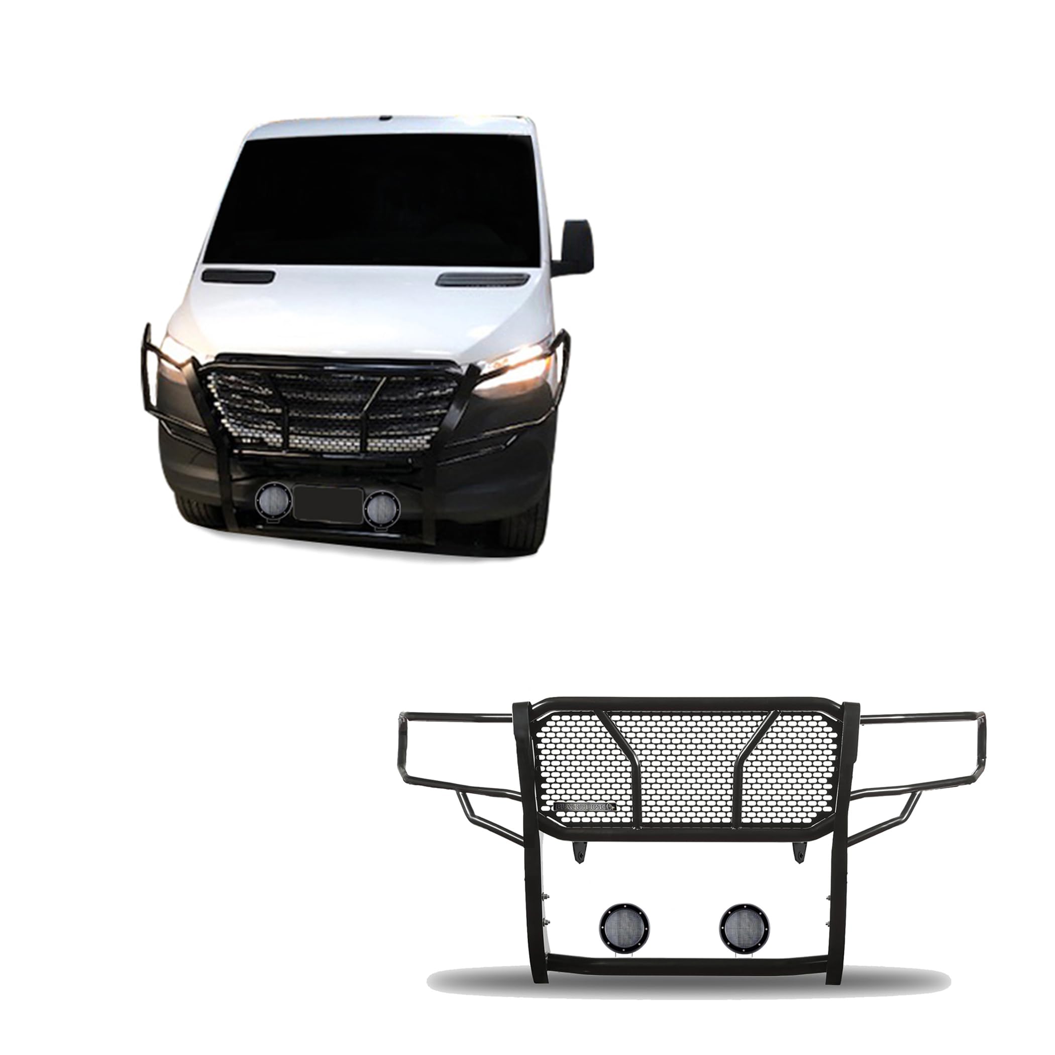 RUGGED HD Black Horse Grille Brush Bumper Guard Modular Black Come with Pair of 5.3"LED Lights Compatible with 2007-2009 Dodge sprinter 2500/3500|07-16 Freightliner sprinter 2500/3500-RU-DOSP07-B-PLFB