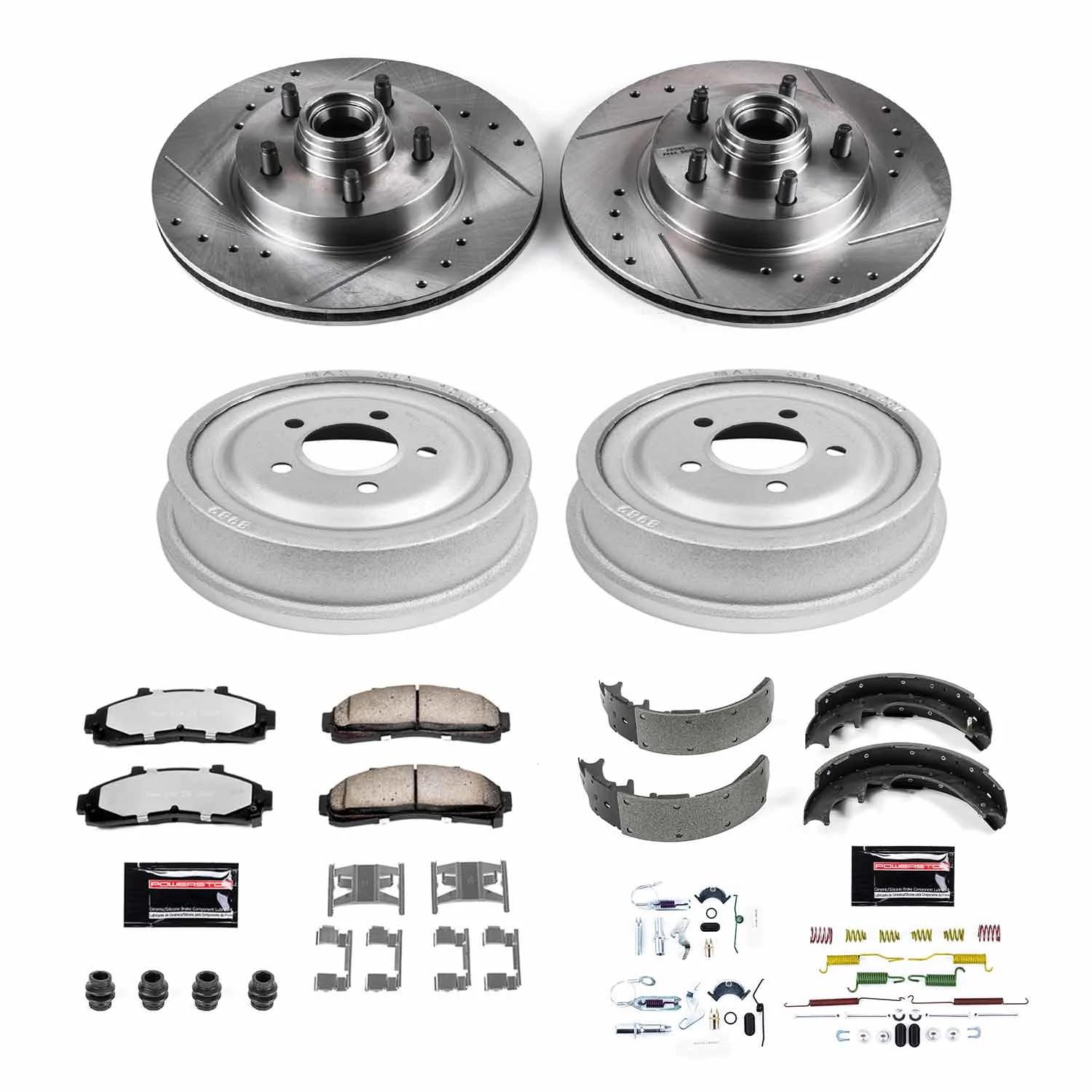 Power Stop Brake Kit Front and Rear For 1998 1999 2000 2001 2002 Ford Ranger - Truck & Tow Carbon Fiber Ceramic Pads, Drums, & Drilled and Slotted Rotors Replacement, K15006DK-36