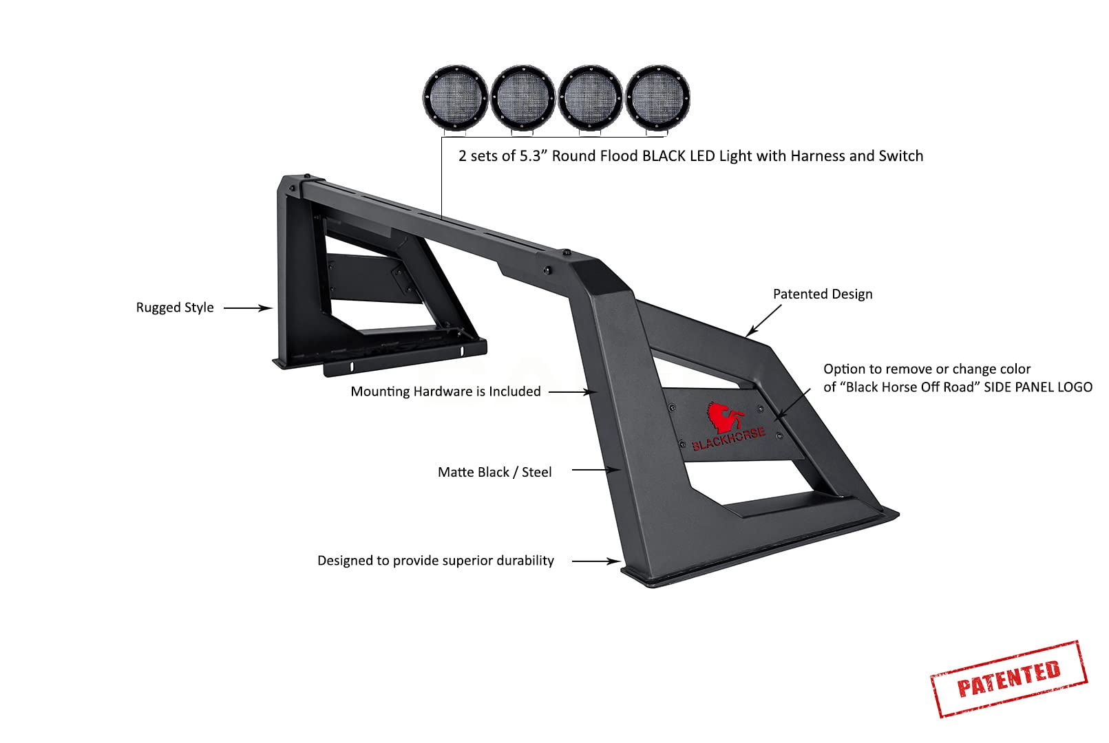 Armour Black Horse Roll Bar Incl. Set of 5.3" Dia.LED Lights w/Black Trim Rings Matte Black Compatible with 2015-2024 Chevrolet Colorado|2015-2024 GMC Canyon|2015-2024 Toyota Tacoma-RB-AR3B-PLFB