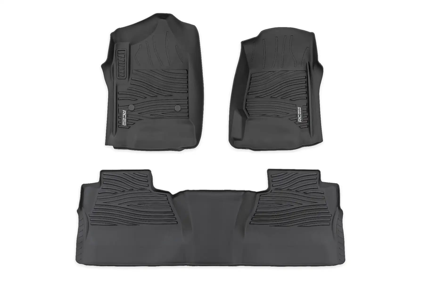 Flex-Fit Rough Country Floor Mats for Chevy Silverado & GMC Sierra 1500/2500HD/3500HD (2014–2018) Crew Cab - Front & Rear Set, All-Weather Non-Slip TPE Liners w/Spill Saver Lip