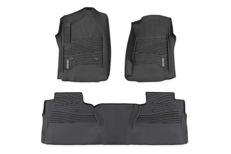 Flex-Fit Rough Country Floor Mats for Chevy Silverado & GMC Sierra 1500/2500HD/3500HD (2014–2018) Crew Cab - Front & Rear Set, All-Weather Non-Slip TPE Liners w/Spill Saver Lip