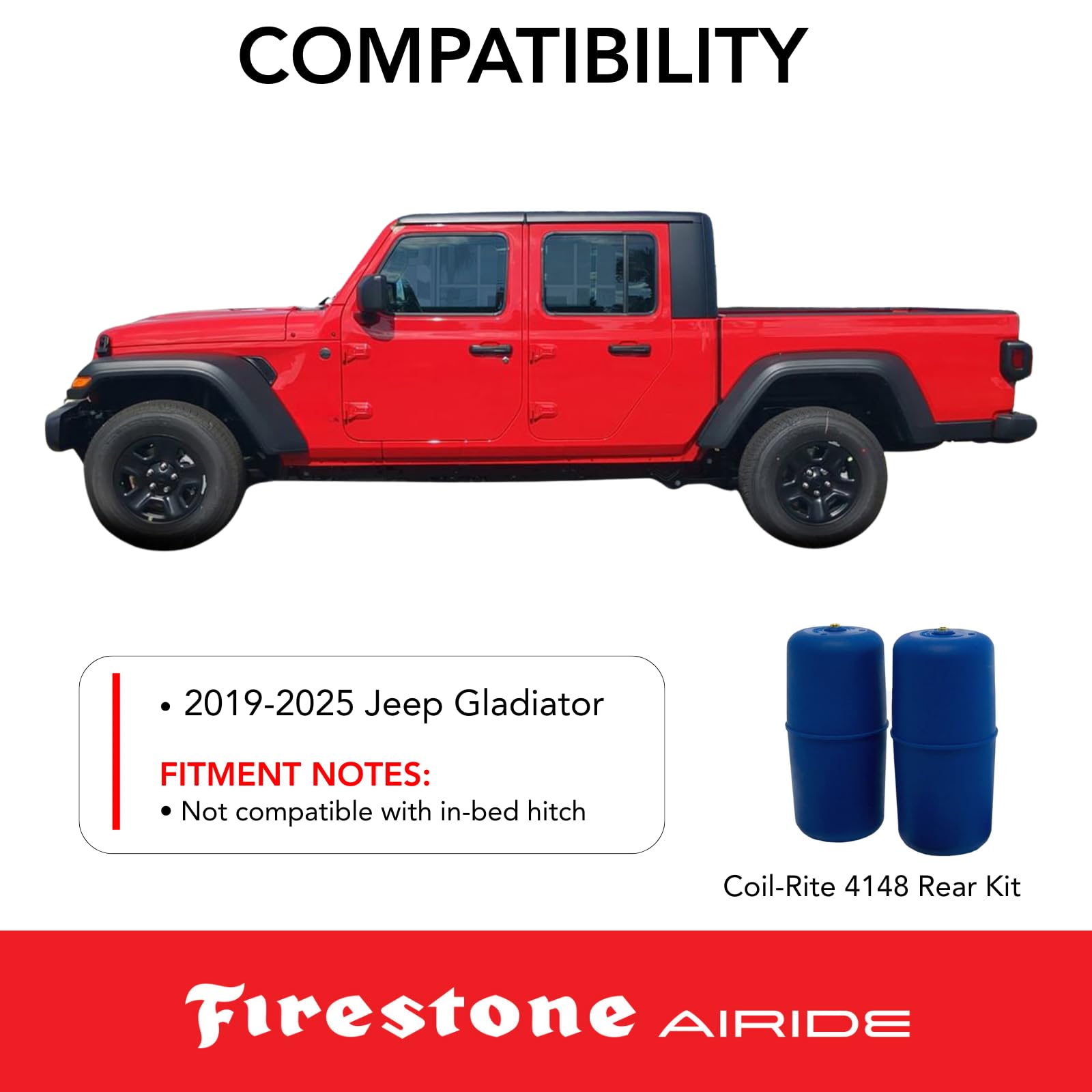 Firestone 4148 Airide Coil-Rite Rear Springs Kit fits 2019-2025 Gladiator | 5-60 PSI | No Drill Installation | Load Capacity of 1,000 Pounds | Made of Elastic Polyurethane