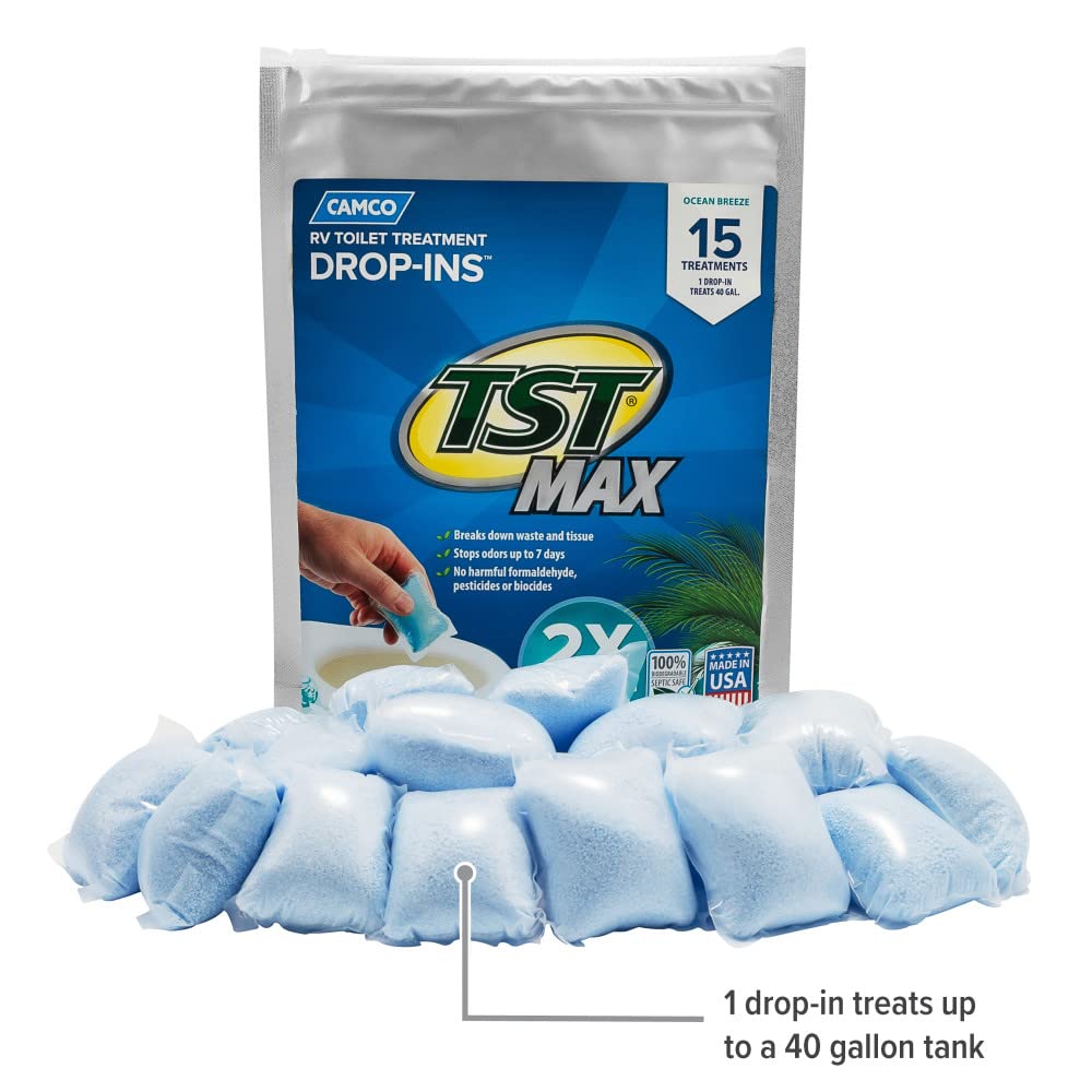 Camco TST MAX Drop-INs RV Toilet Treatment - Control Unwanted Odors and Break Down Waste and Tissue - Septic Tank Safe - Ocean Breeze Scent - 15-pack (41614)
