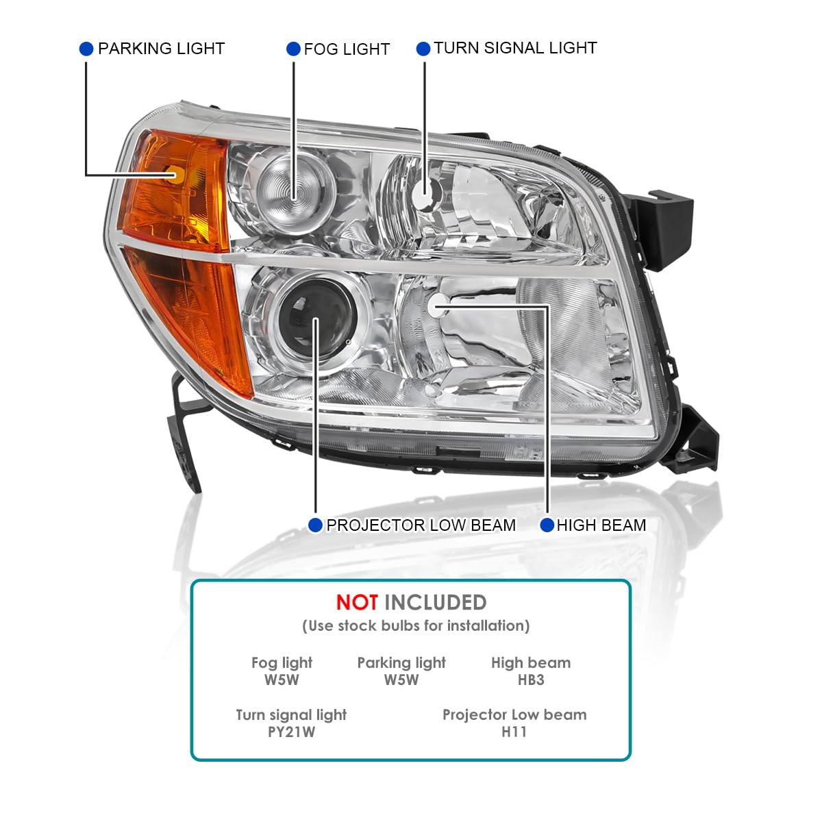 Chrome Projector Headlights SPEC-D TUNING Compatible with 2006-2008 Honda Pilot, Left + Right Pair Headlamps Assembly