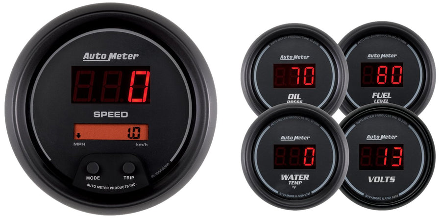 Auto Meter Sport Comp 6300 Digital 5 pc. Kit Box with Programmable Electric Speedometer and Electric Oil Pressure Water Temperature Volts and Programmable Fuel Level