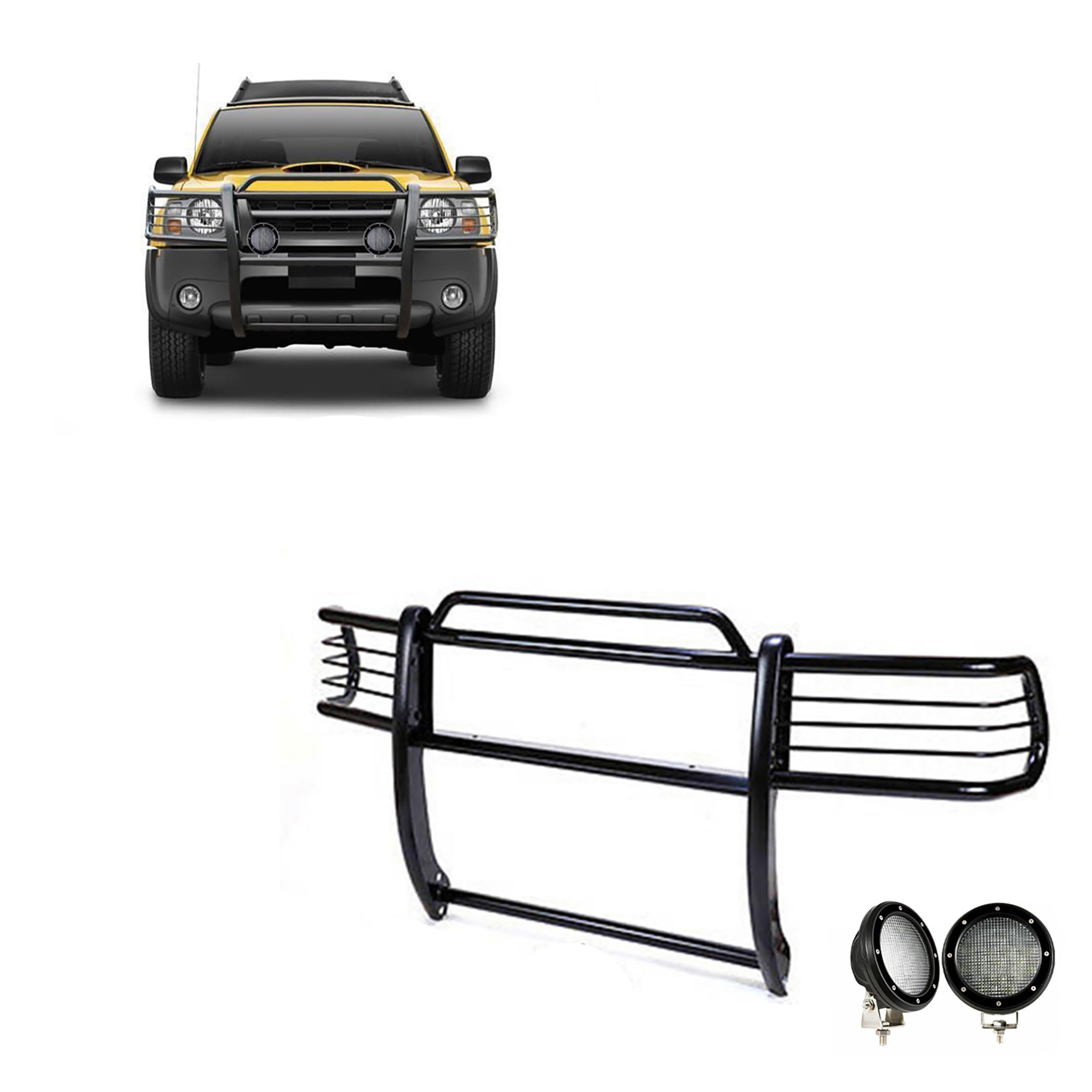 Grille Brush Black Horse Bumper Guard Modular Black Come with Pair of 5.3" Dia.LED Lights with Black Trim Rings Compatible with 2000-2004 Nissan Frontier|2000-2004 Nissan Xterra-17NI26MA-PLFB
