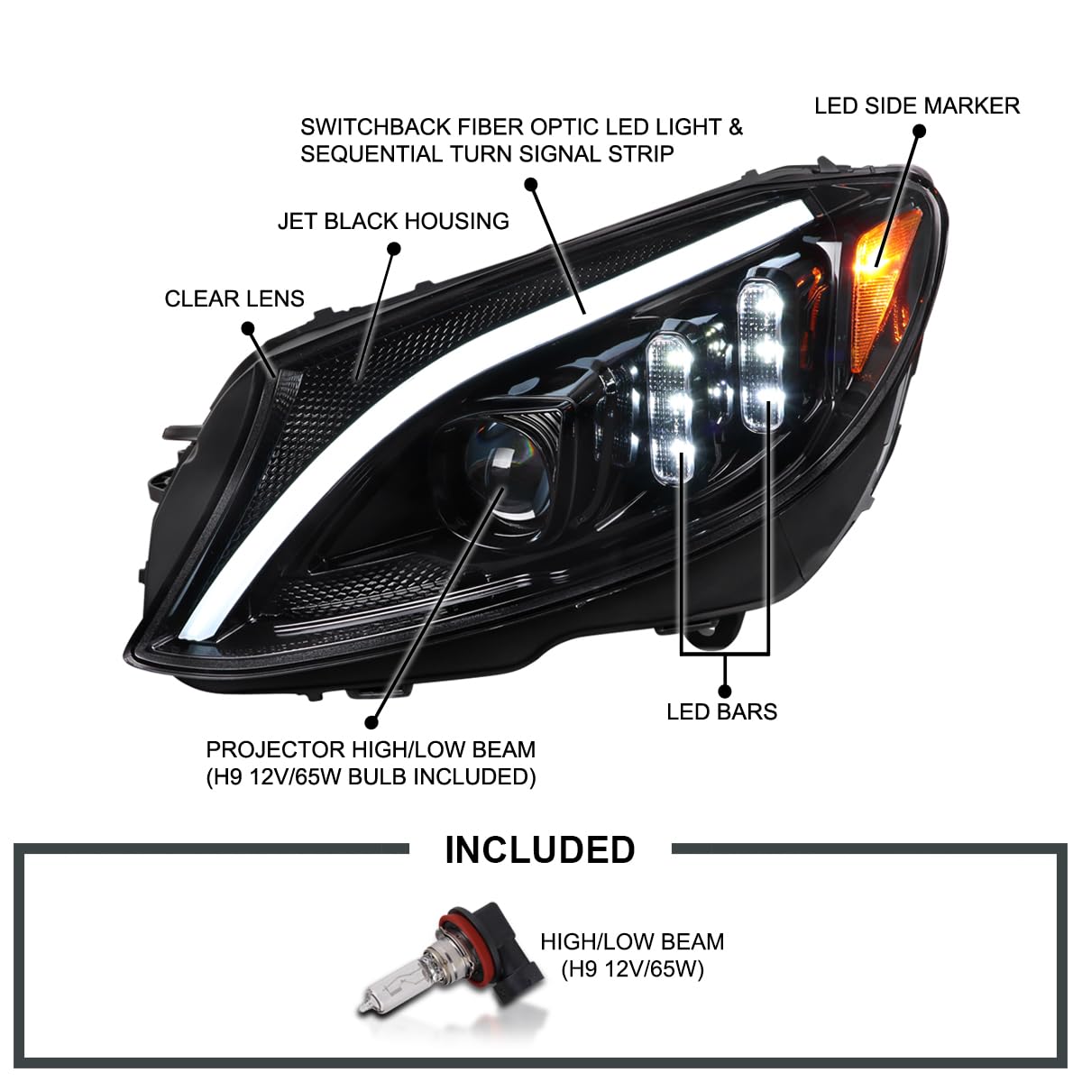 Jet Black SPEC-D TUNING Projector Headlights w/Switchback LED Strips and Sequential Turn Signal Compatible with 2015-2018 Mercedes-Benz C-Class W205