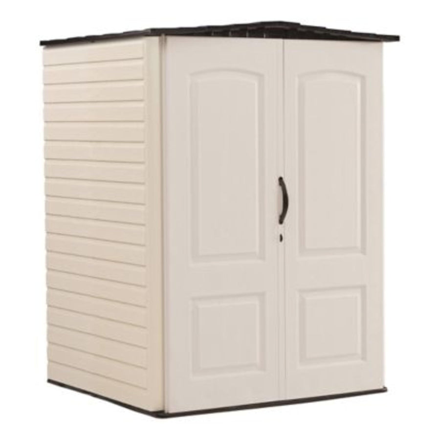 Medium Rubbermaid Vertical Resin Outdoor Storage Shed With Floor (4.3 x 4.6 Ft), Weather Resistant, Beige/Brown, Organization for Home/Backyard/Garden Tools/Lawn Mower/Bike Storage/Pool Supplies