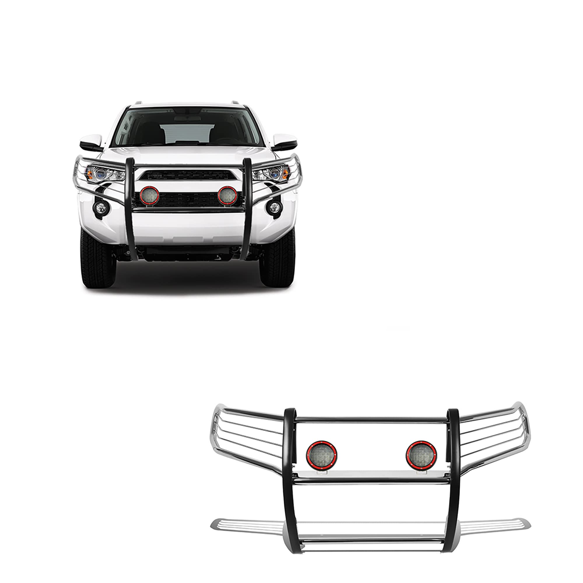 Bumper Guard Black Horse Grille Brush Modular Stainless Steel Come with Pair of 5.3" Dia.LED Lights with Red Trim Rings Compatible with 2010-2024 Toyota 4Runner-17TU31MSS-PLFR