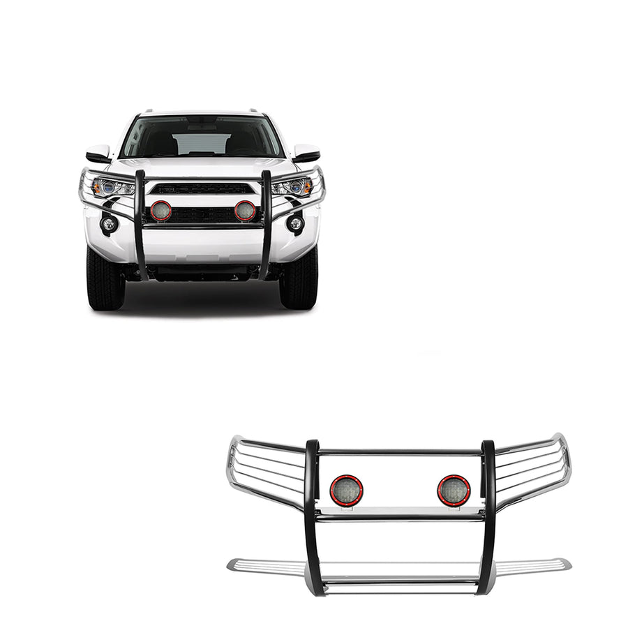 Bumper Guard Black Horse Grille Brush Modular Stainless Steel Come with Pair of 5.3" Dia.LED Lights with Red Trim Rings Compatible with 2010-2024 Toyota 4Runner-17TU31MSS-PLFR
