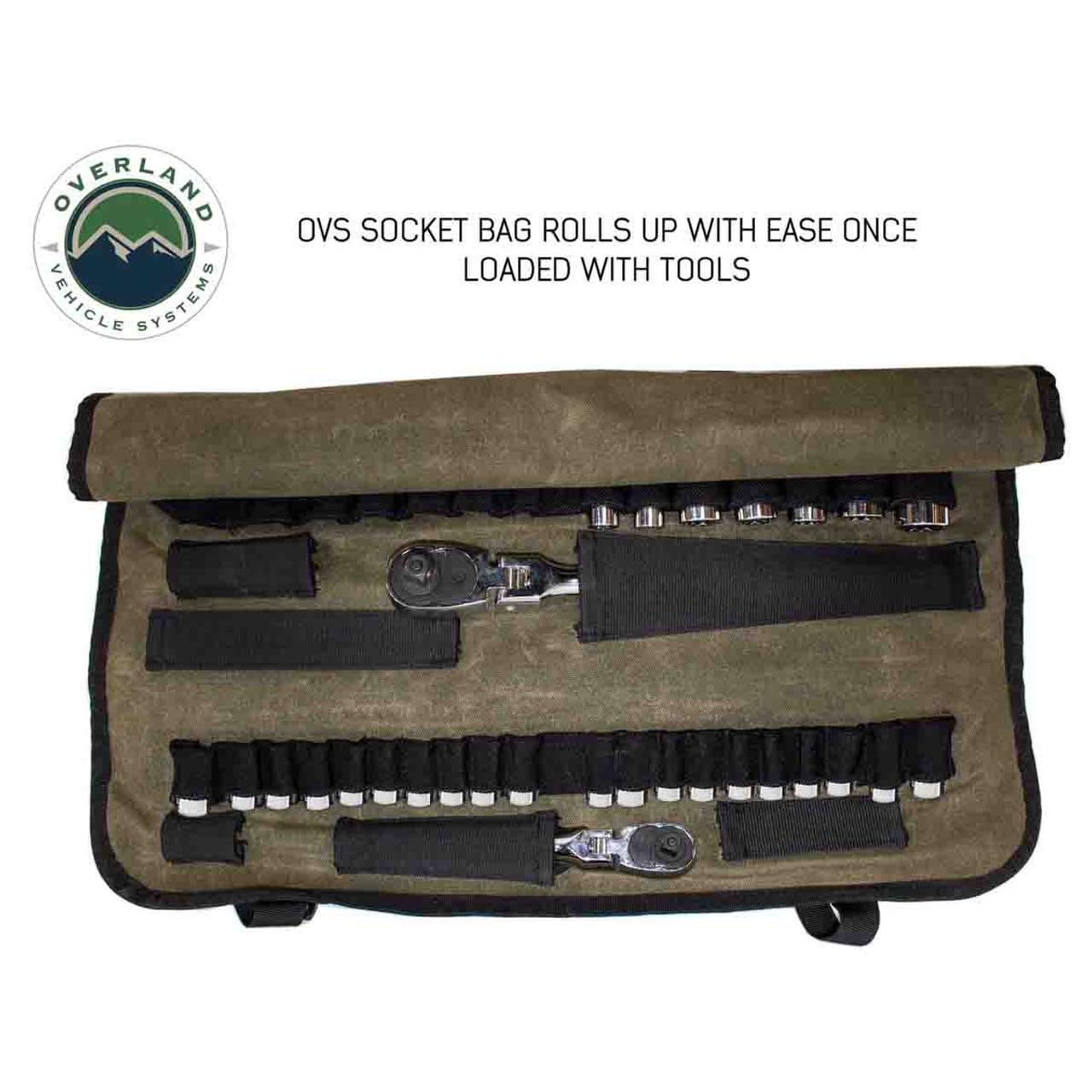 Rolled Socket Organizer Overland Vehicle Systems Storage Bag - #16 Premium Waxed Canvas - Storage for 50 sockets and 10 extra storage pockets for Ratchets