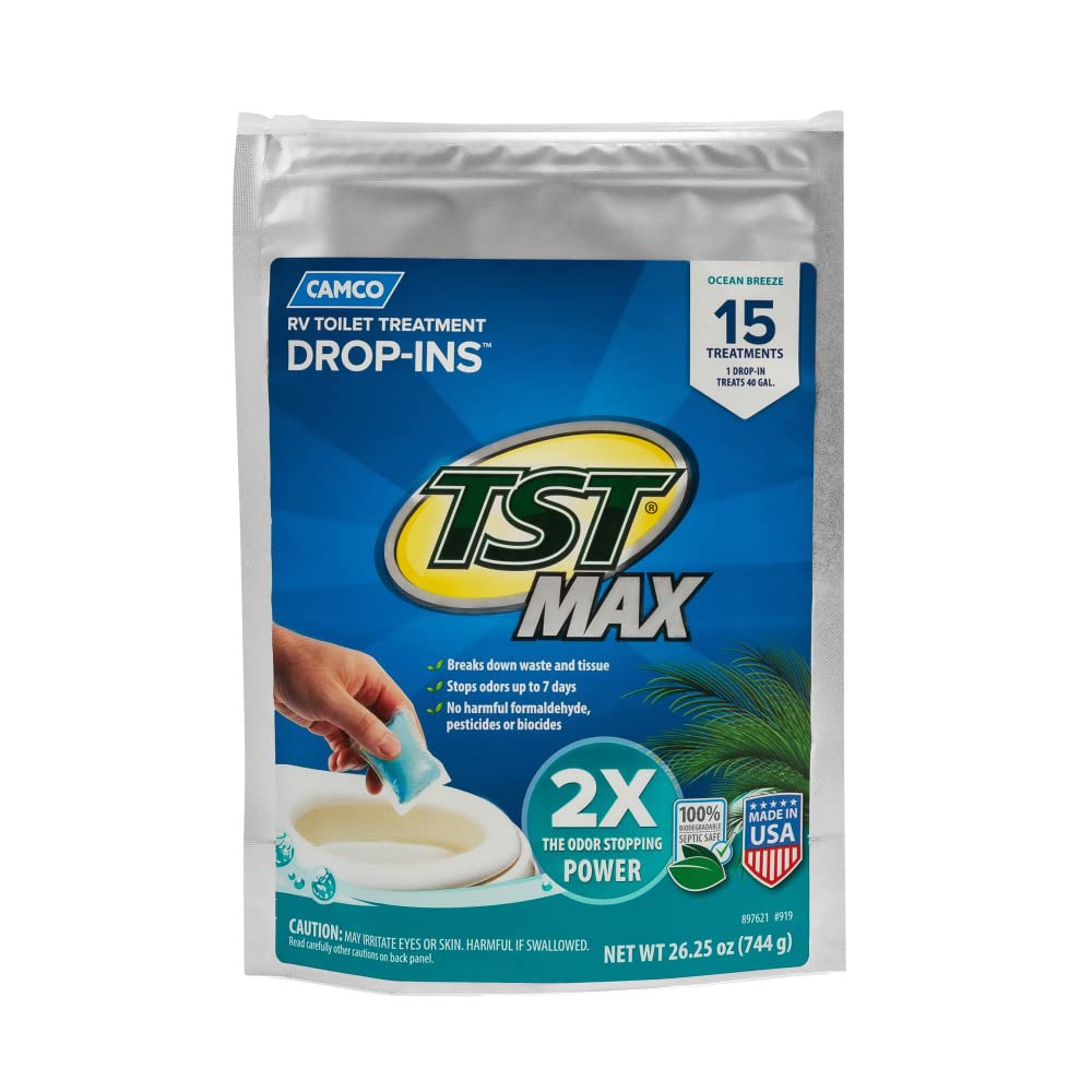 Camco TST MAX Drop-INs RV Toilet Treatment - Control Unwanted Odors and Break Down Waste and Tissue - Septic Tank Safe - Ocean Breeze Scent - 15-pack (41614)