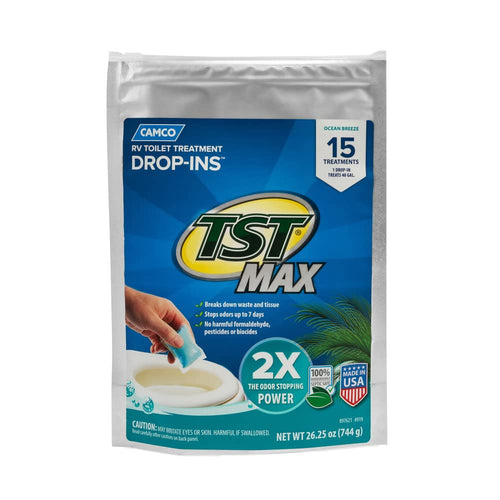 Camco TST MAX Drop-INs RV Toilet Treatment - Control Unwanted Odors and Break Down Waste and Tissue - Septic Tank Safe - Ocean Breeze Scent - 15-pack (41614)