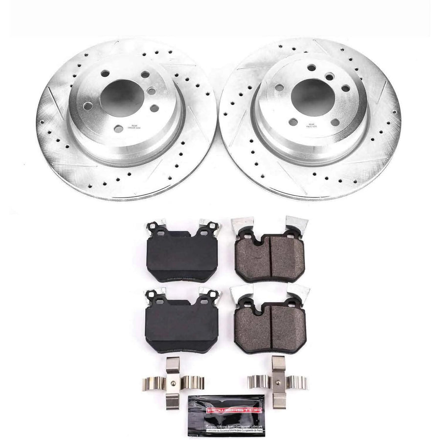 Rear Power Stop K5688 Z23 Carbon Fiber Brake Pads with Drilled & Slotted Brake Rotors Kit For BMW 135i 2008-2010 [Model Specific]
