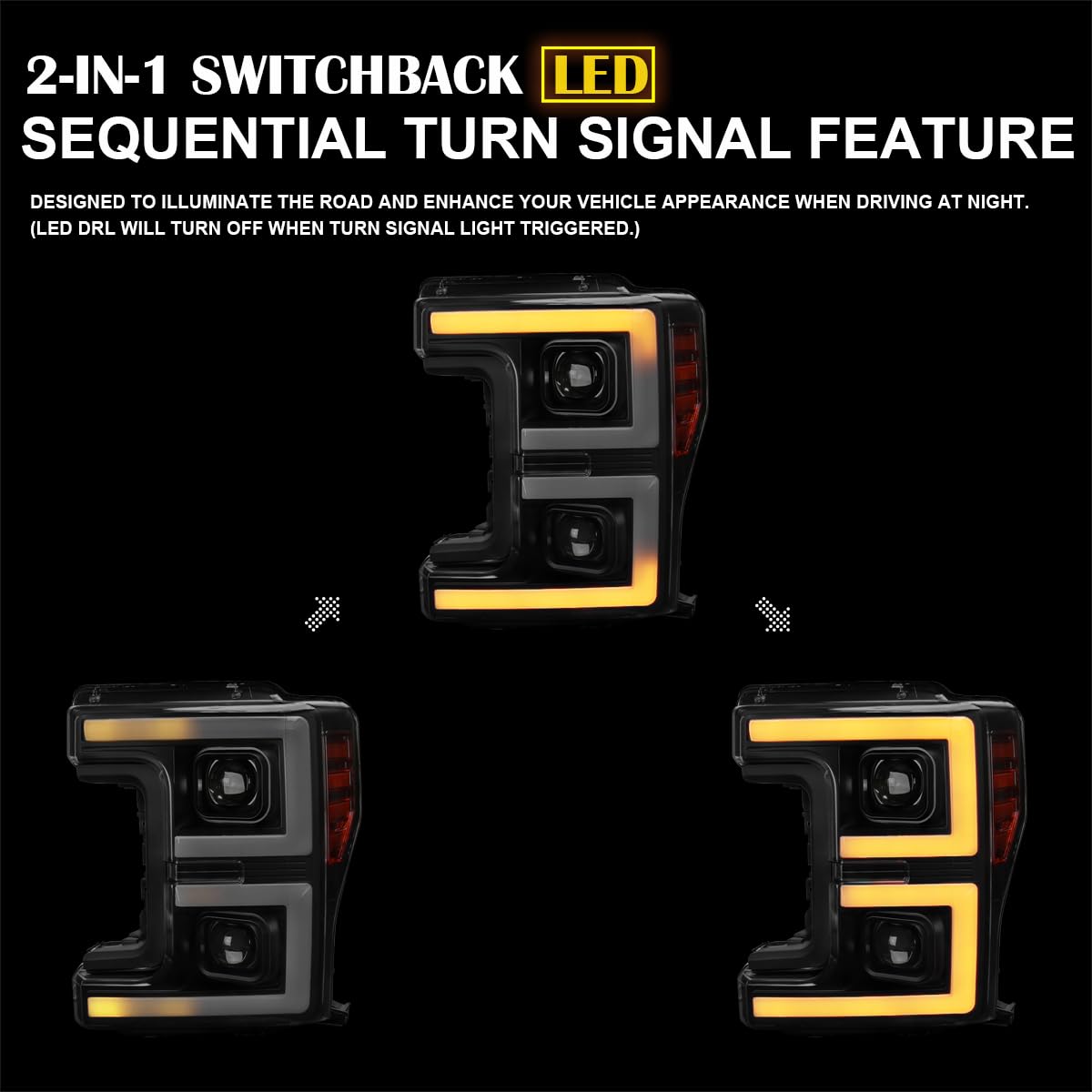 Black SPEC-D TUNING Projector Headlights w/LED Sequential Turn Signal Switchback Compatible with 2017-2019 Ford F-250, F-350, F-450, F-550 Super Duty, Left + Right Pair Headlamps Assembly