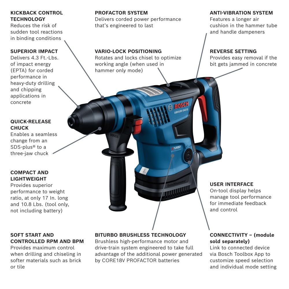 BOSCH PROFACTOR™ GBH18V-34CQN 18V Connected-Ready SDS-plus® Bulldog™ 1-1/4 In. Rotary Hammer (Bare Tool)