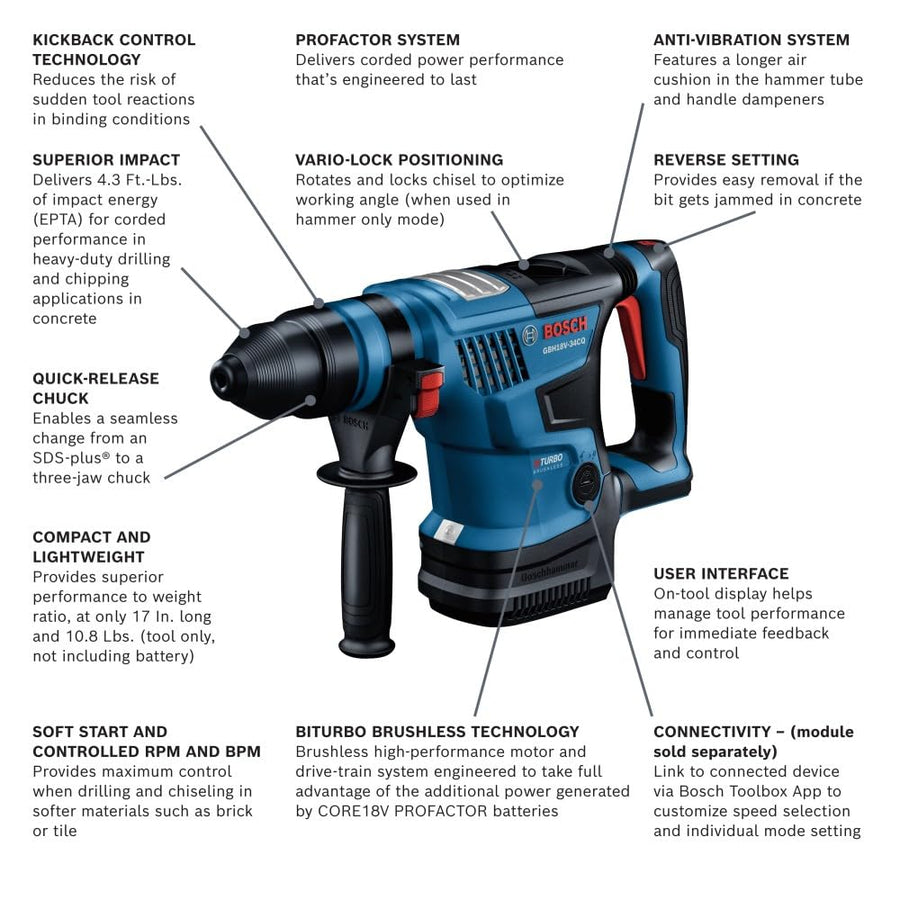 BOSCH PROFACTOR™ GBH18V-34CQN 18V Connected-Ready SDS-plus® Bulldog™ 1-1/4 In. Rotary Hammer (Bare Tool)