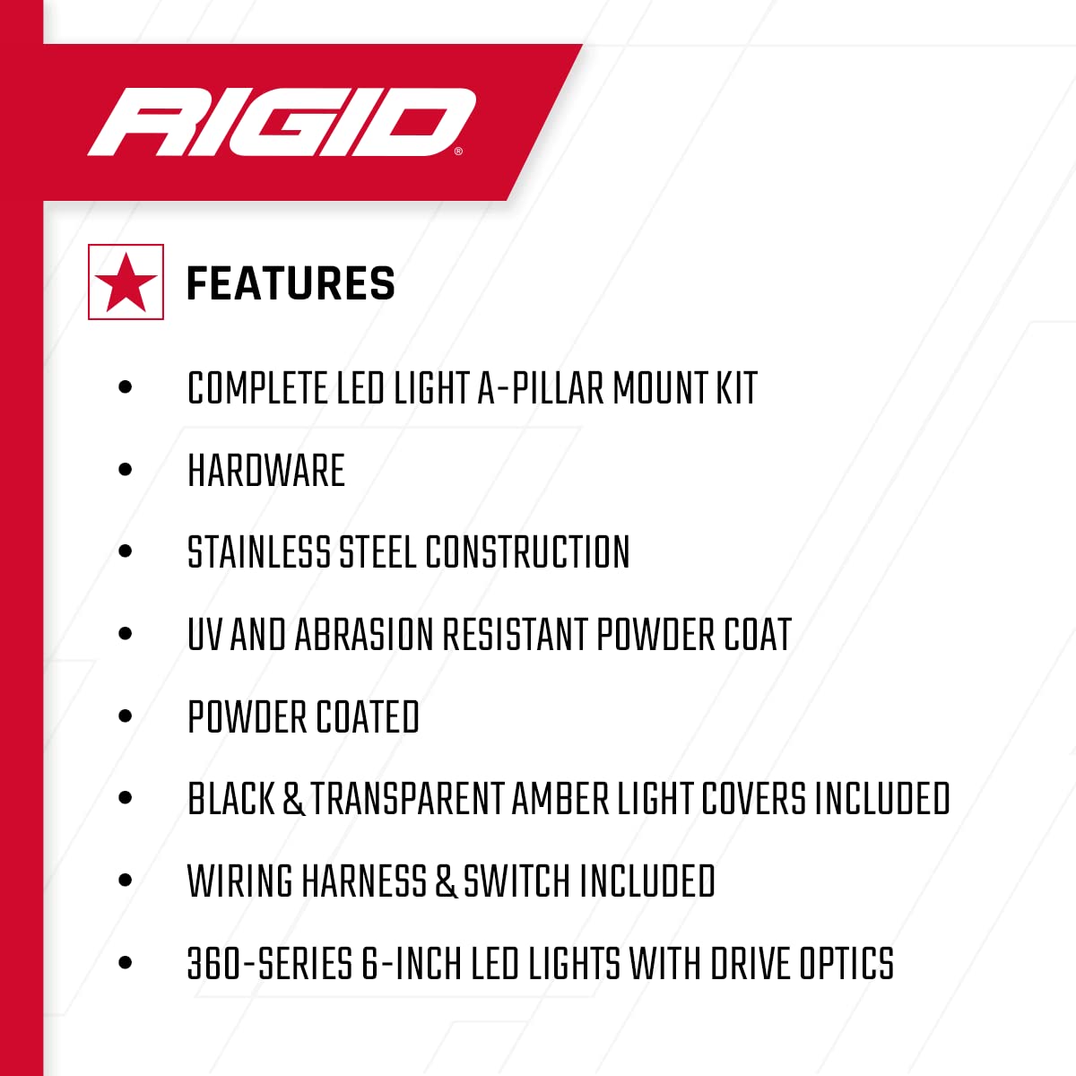 A-Pillar LED Light Mount Kit RIGID Industries FITS 2019+ Dodge RAM 2500/3500 Includes 6-Inch 360-Series Drive Optics w/Amber Backlighting and Amber & Black Covers