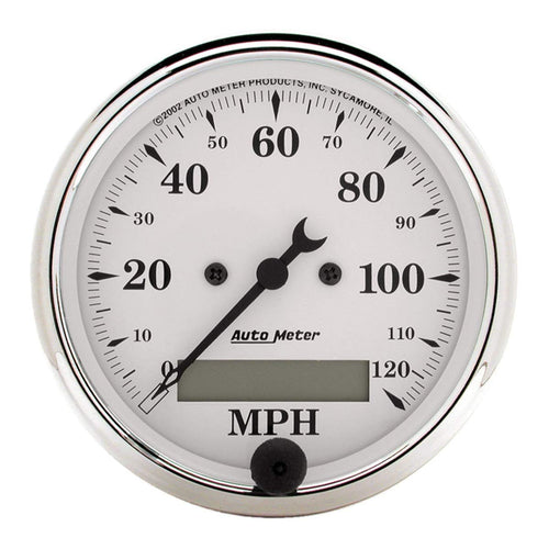 Old Tyme White Series Auto Meter Speedometers Speedometer, 0-120 mph, 3 1/ 8 in., Analog, Electrical, Each