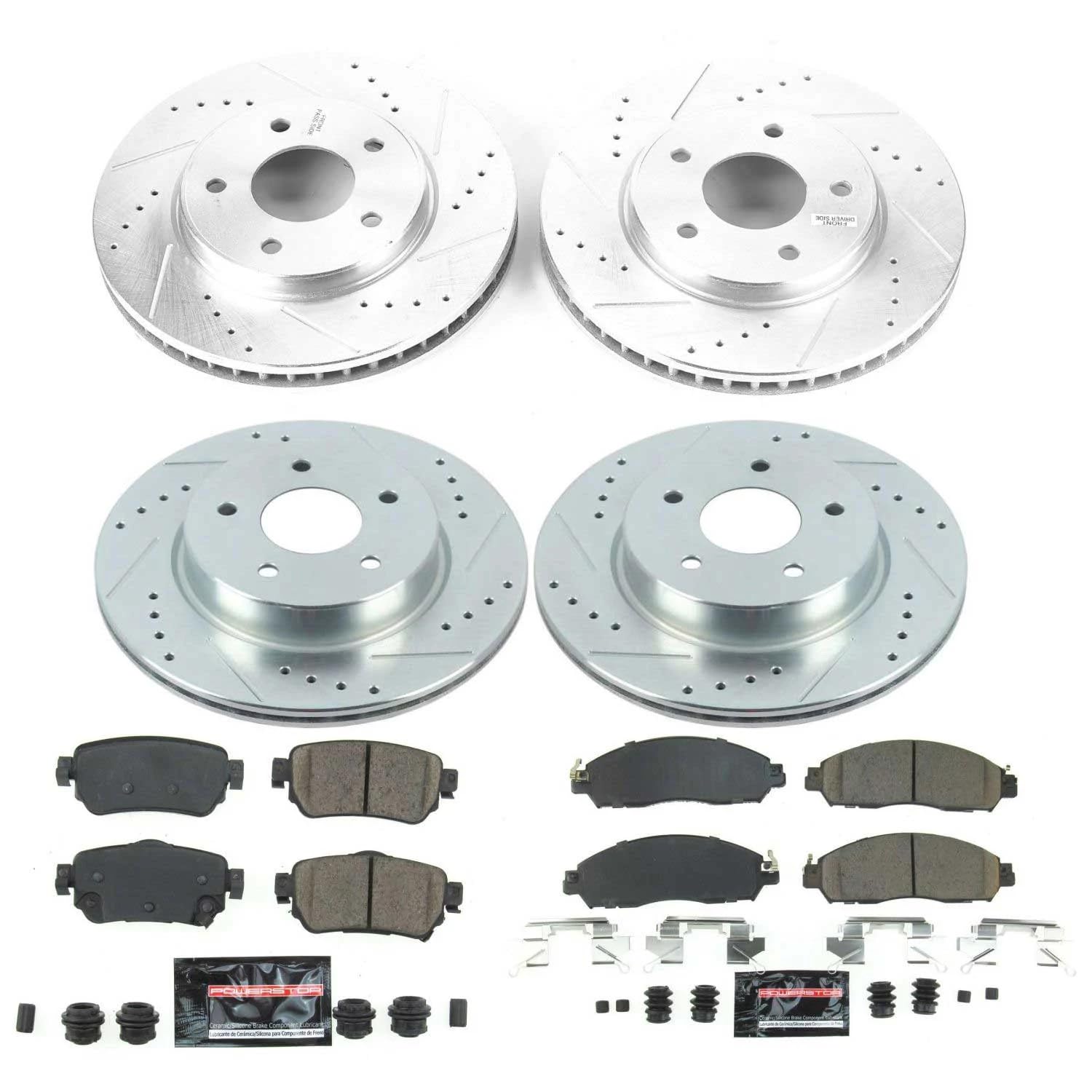 Power Stop K8274 Z23 Carbon Fiber Brake Pads Front and Rear with Drilled & Slotted Brake Rotors Kit For Nissan LEAF 2018-2024 [Model Specific]