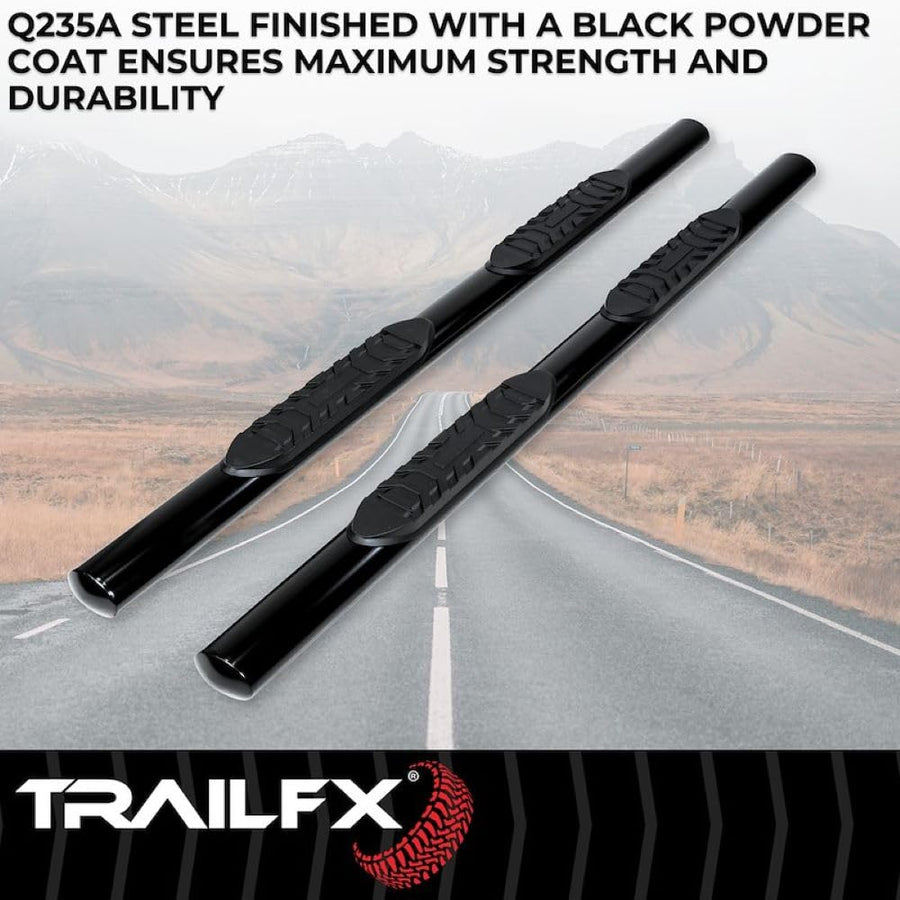 TrailFX Nerf Bars Black Powder Coated Steel Fits Ram 1500 Crew Cab 2019-2025 Side Steps with Slip-Resistant Step Pads Rocker Panel Mount 5 Inch Oval Straight Running Board Pair TrailFX A7082B