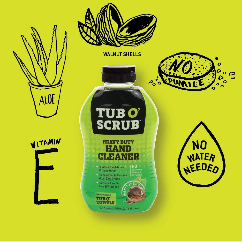 Tub O' Scrub Heavy Duty TS18 Pumice-Free Hand Cleaner, Removes Tough Grime & Dirt Without Water, Biodegradable, 18oz Bottle