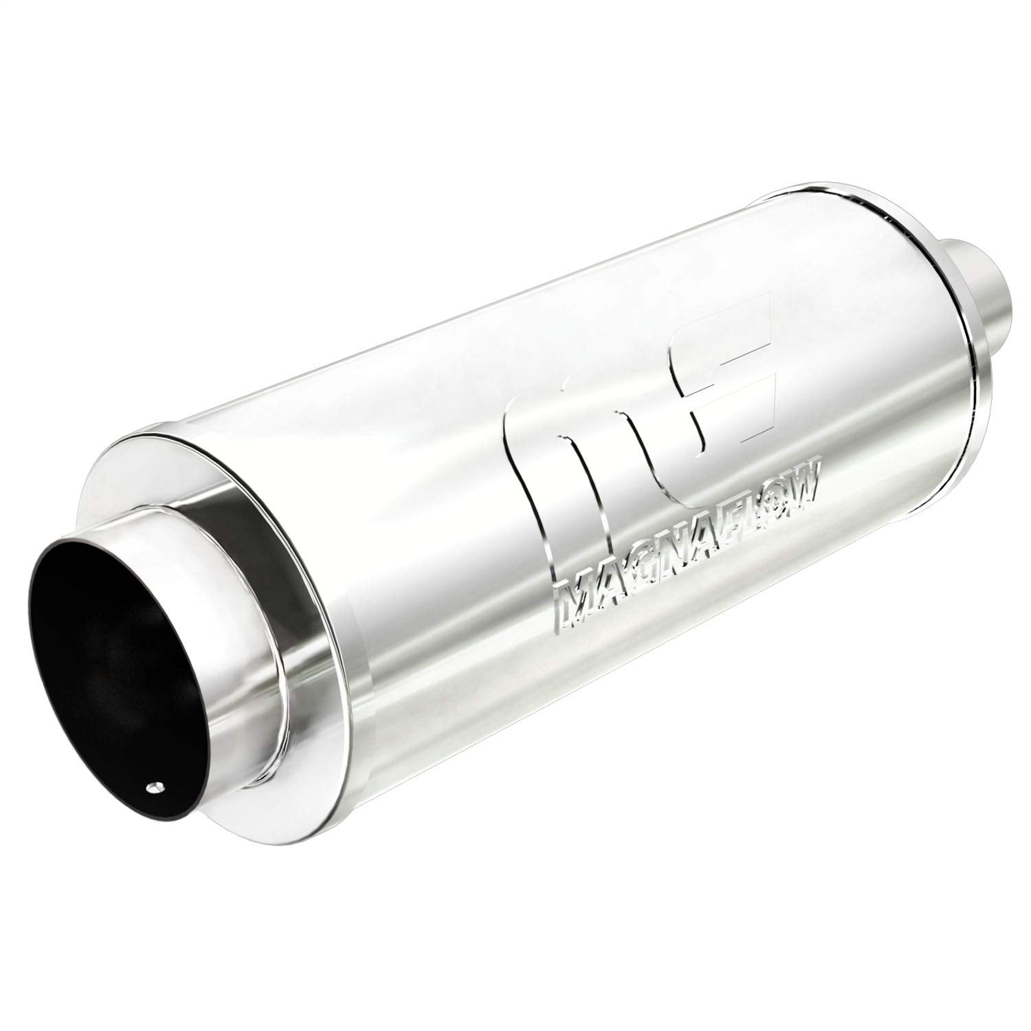 Performance MagnaFlow Exhaust Muffler 14846: 2.25"/4" Inlet/Outlet, 6x6x14" Round, Stainless Steel, Brushed Finish