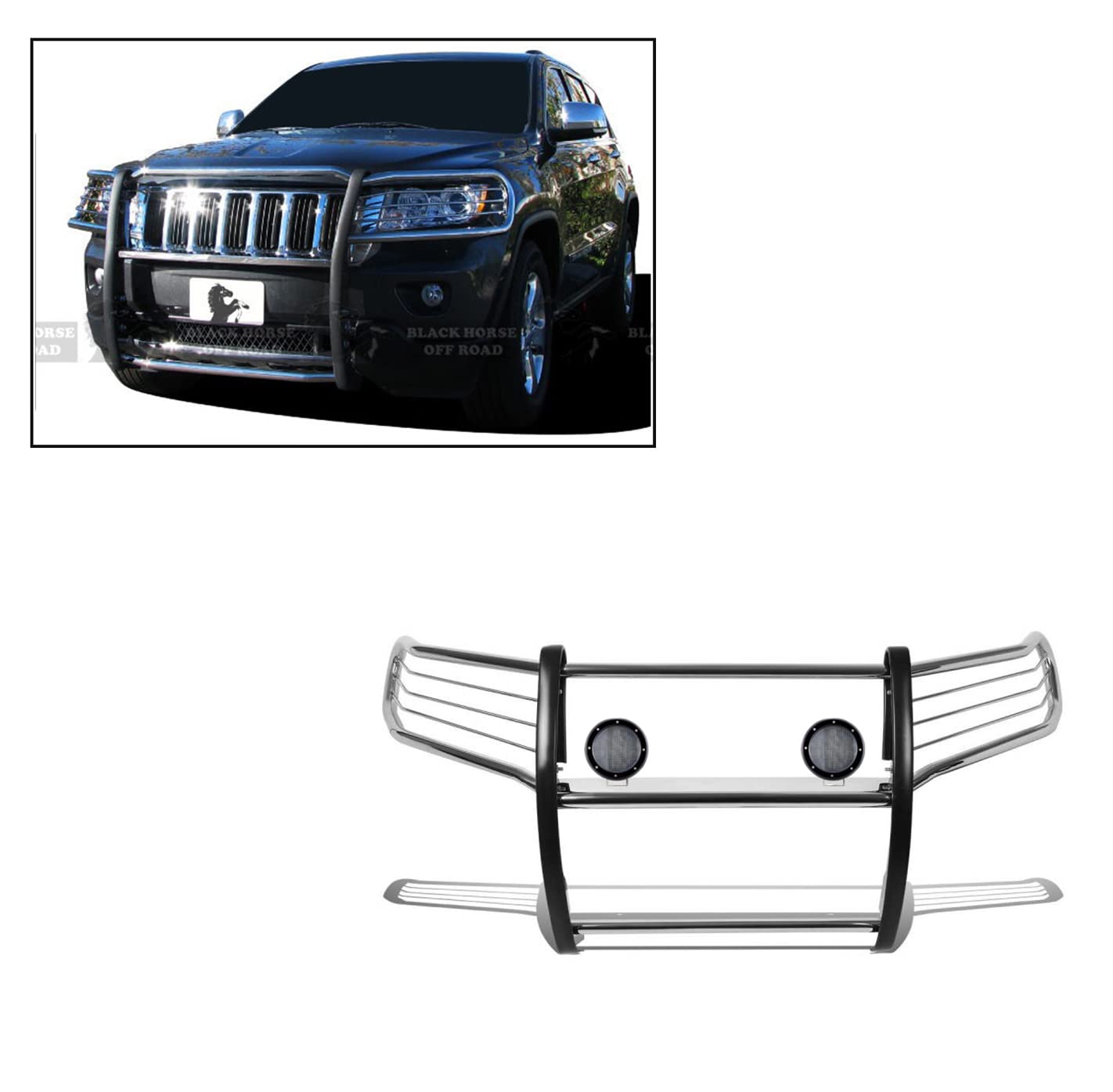 Grille Brush Black Horse Bumper Guard Modular Stainless Steel Come with Pair of 5.3" Dia.LED Lights with Black Trim Rings Compatible with 2011-2021 Jeep Grand Cherokee-17A080202MSS-PLFB