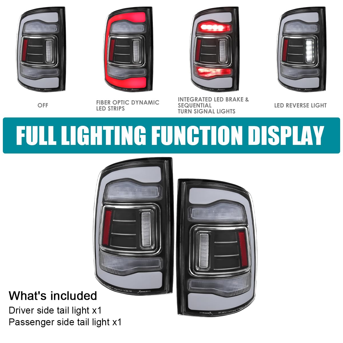 Black SPEC-D TUNING Sequential Tail Lights w/White LED Strip and Startup Animation Compatible with 2013-2018 Ram 1500 2500 3500, Left + Right Pair Assembly