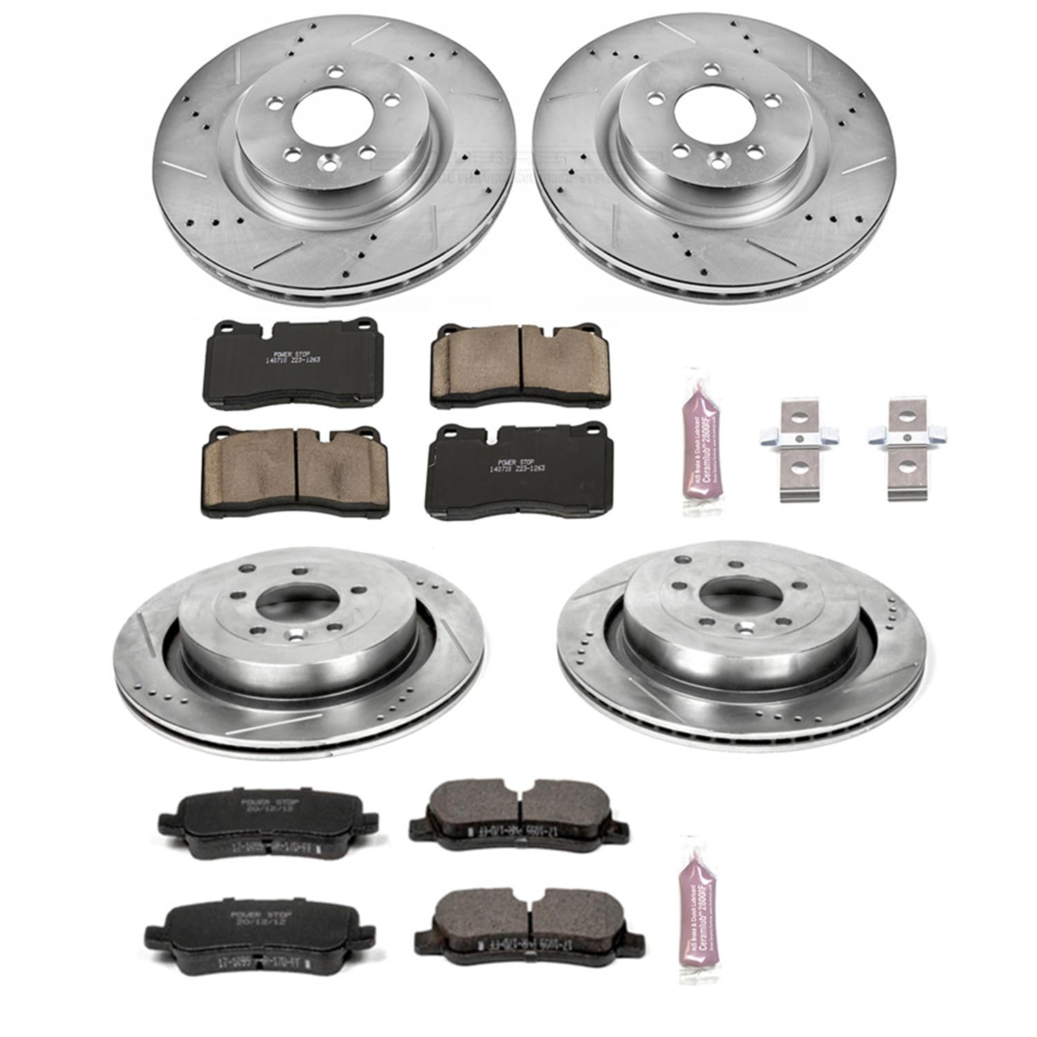 Power Stop K5443 Z23 Carbon Fiber Brake Pads with Front and Rear Drilled & Slotted Brake Rotors Kit and 1 Front & 1 Rear Sensor Wires